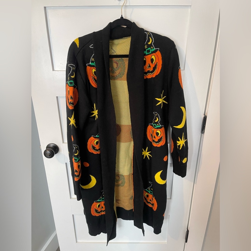 SOLD Backstitch Bruja Pumpkin Witch Cardigan